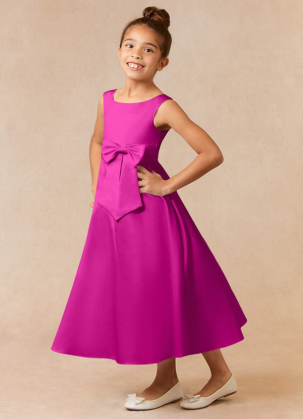 Azazie Lindy Flower Girl Dresses Fuchsia A-Line Pleated Matte Satin Dress image1