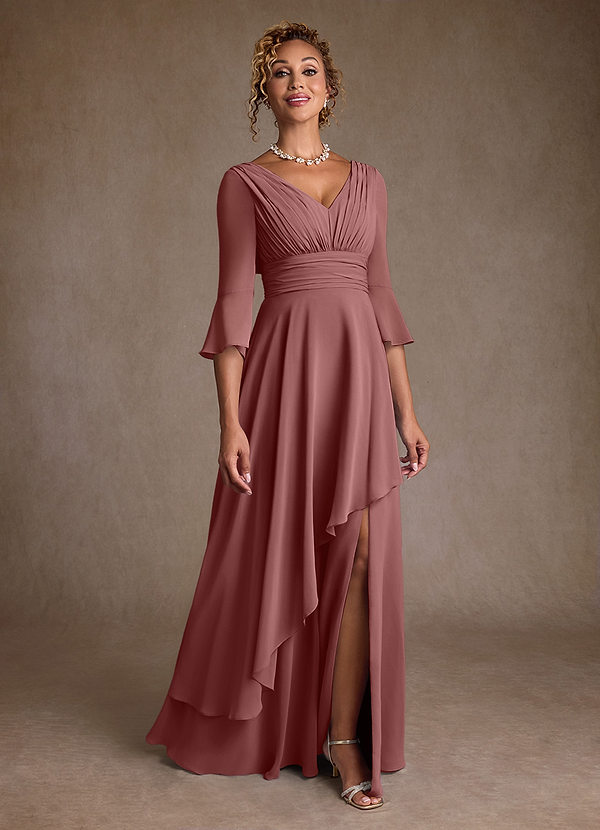 Azazie Eire Vestidos de Madre de la Novia Vestido de Rosa Del Desierto de Gasa de Corte en A con Plisado image1
