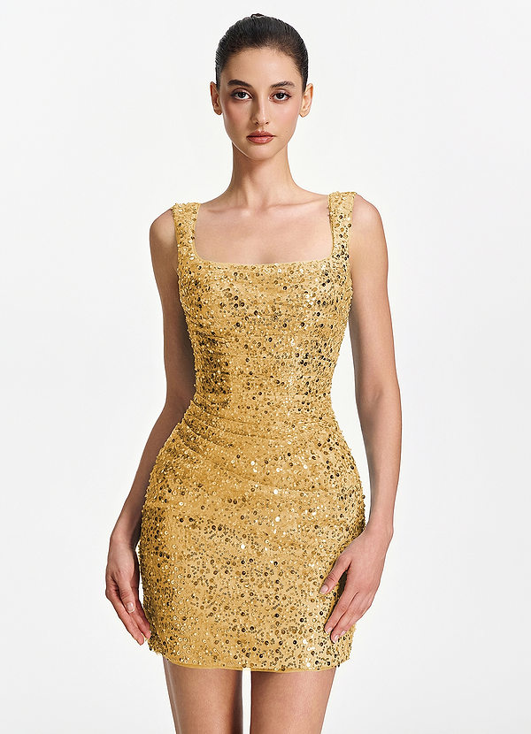 Sylvestrina Champagne Mini abito a canotta in tulle elasticizzato con scollo quadrato, impreziosito da perline, paillettes e ricami. image1