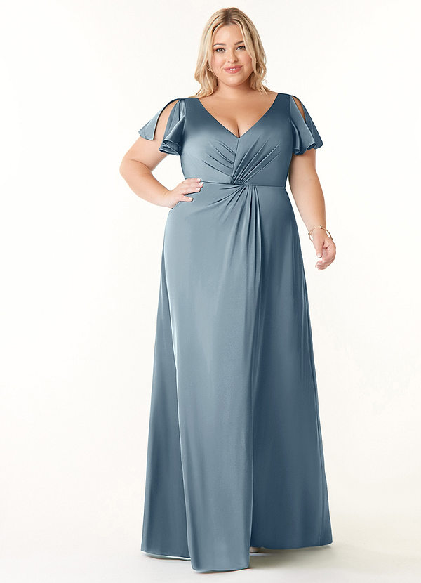 Azazie Soren Bridesmaid Dresses Dusty Blue A-Line Pleated Stretch Satin Dress image1