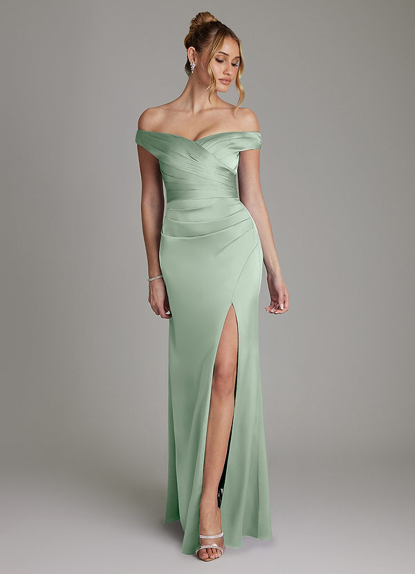 Azazie Teyana Bruidsmeisjes Jurken Jurk van Stretch Satijn met Kolom Off the Shoulder Agave image1