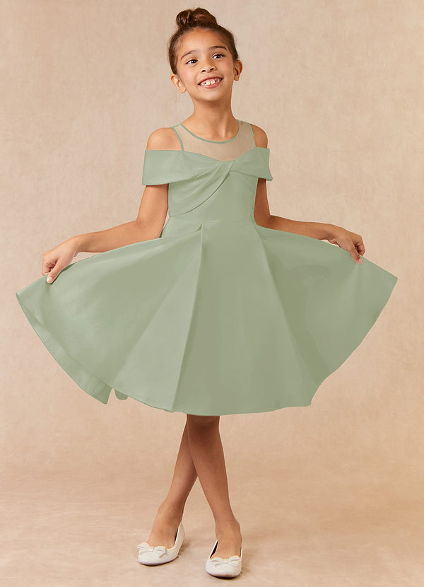 Azazie Shirin Flower Girl Dresses Dusty Sage A-Line Off the Shoulder Matte Satin Dress image1