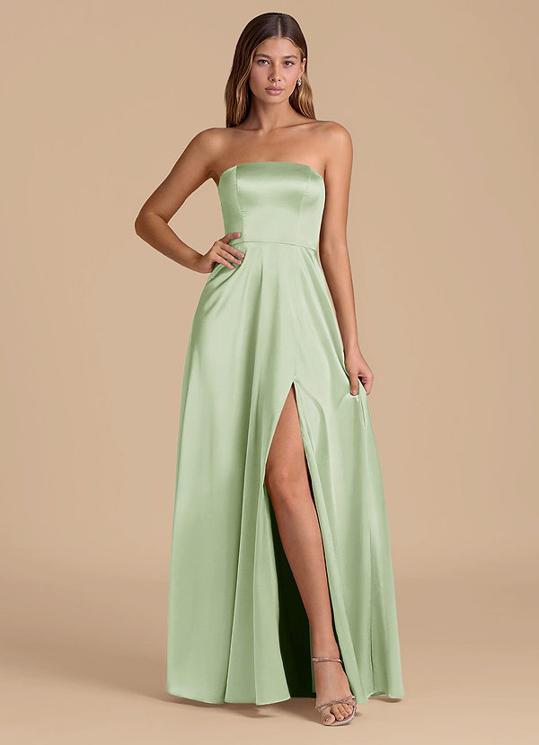 Azazie Wren 신부 들러리 드레스 A라인 스트랩리스 메탈릭 새틴 바닥 길이 드레스 image1