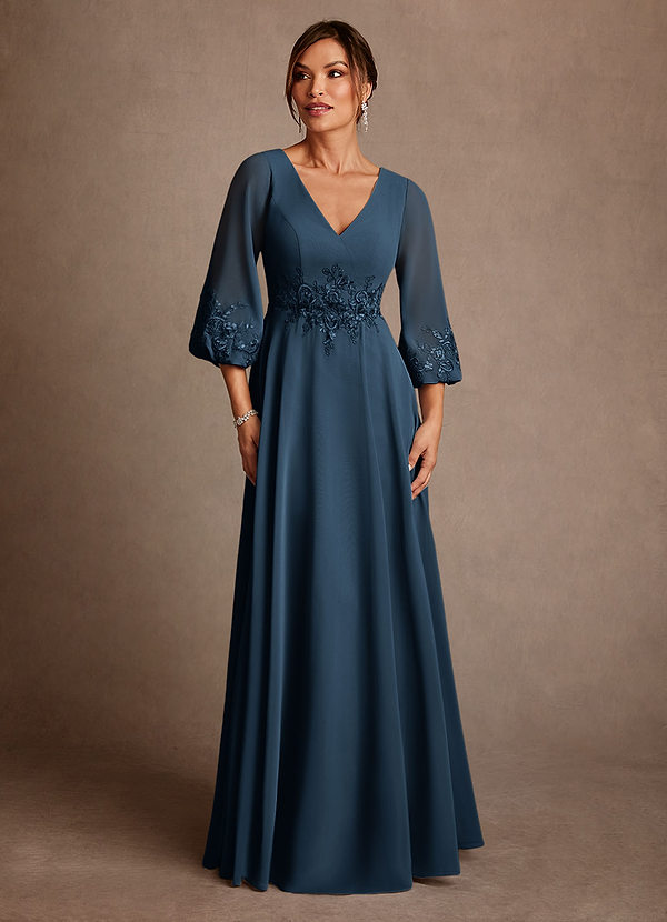 Azazie Yorba Robes de mère de la mariée Robe Trapèze en Mousseline de soie Dentelle Bleu Marine Foncé image1