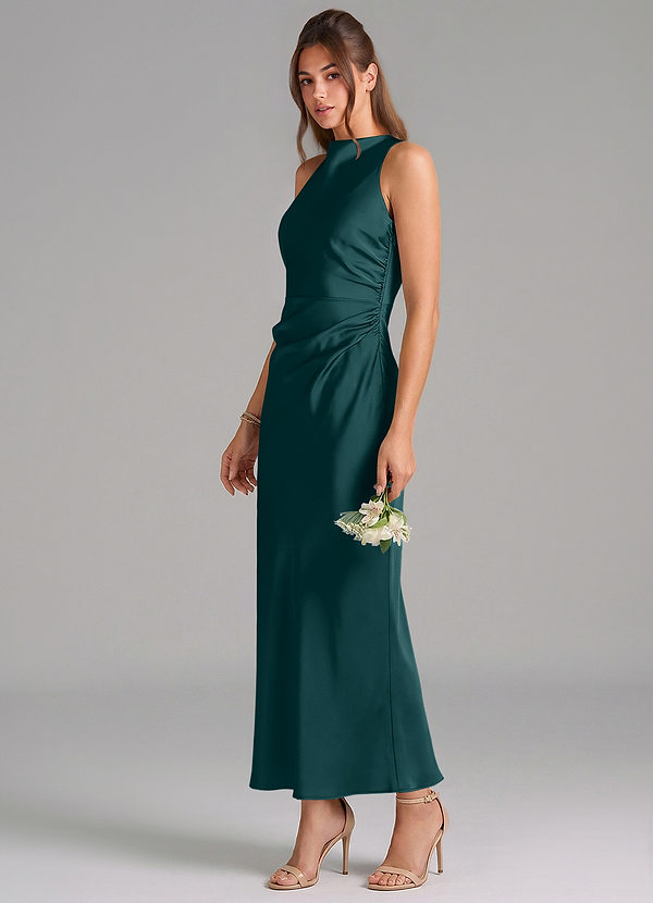 Azazie Evadne Vestidos Dama de Honor Vestido de Pino de Satén Elástico de Corte Recto con Plisado image1