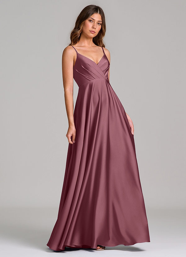 Azazie Amani Bridesmaid Dresses Desert Rose A-Line Pleated Stretch Satin Dress image1