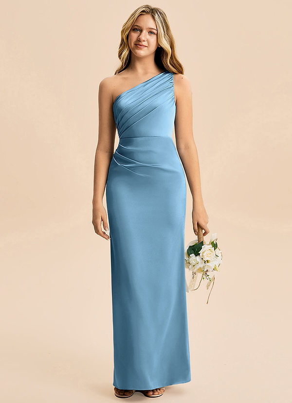 Azazie Akilah Junior Etui Plissee Stretch-Satin Kleid Stahlblau image1