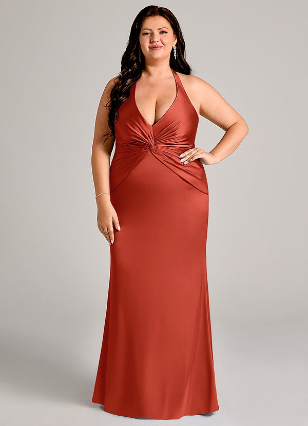 Azazie Valerie Bridesmaid Dresses Rust Mermaid Pleated Stretch Satin Dress image1