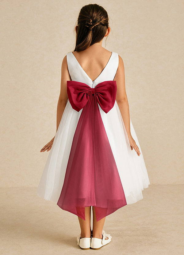 Azazie Kavi Flower Girl Dresses Vestir Marfim Escarlate de Cetim fosco de Linha A com Arco image1