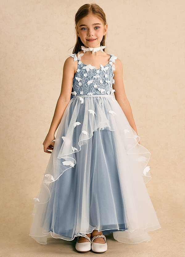 Azazie Darlina Flower Girl Dresses Ivory Dusty Blue Ball-Gown Lace Tulle Dress image1