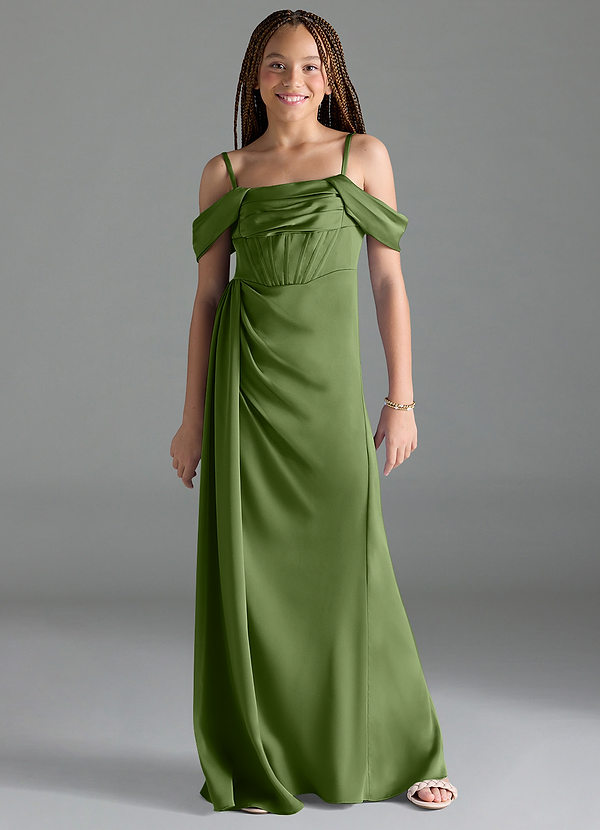 Azazie Amyra Junior Juniper Sheath Off the Shoulder Stretch Satin Dress image1