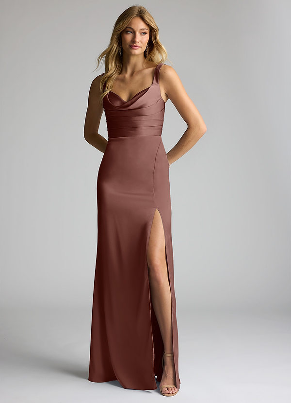 Azazie Elida Bridesmaid Dresses Espresso Sheath Pleated Stretch Satin Dress image1