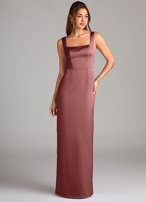 Azazie Flori Bridesmaid Dresses Amethyst Sheath Side Slit Stretch Satin Dress image1