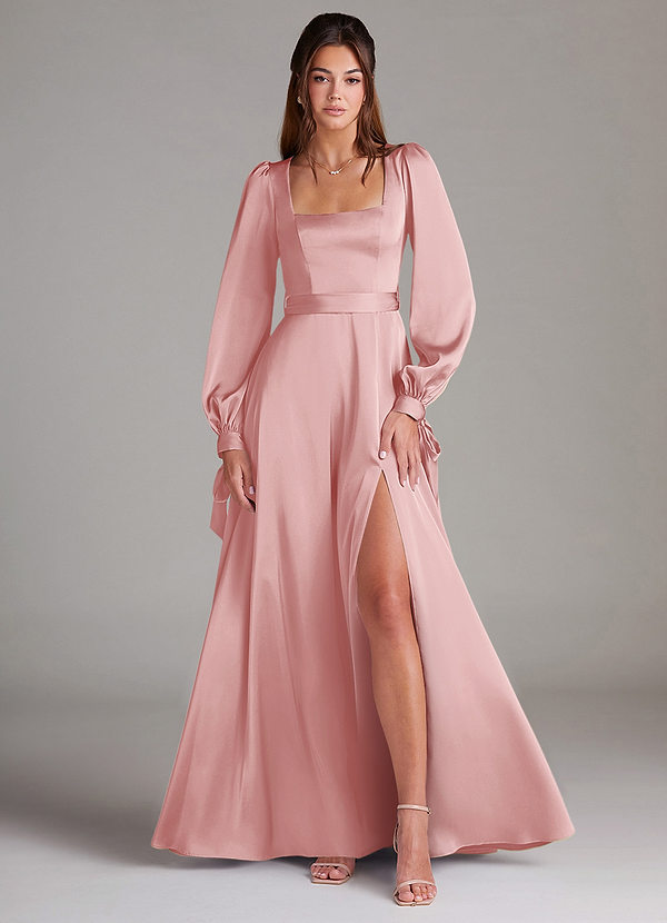 Azazie Leonia Robes Demoiselle d'honneur Robe Trapèze en Satin extensible Manche longue Rose Poudré image1