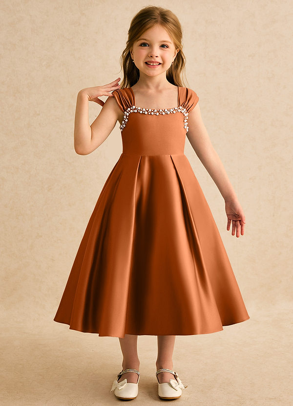 Azazie Yosemite Bloemenmeisjes Jurken Baljurk Jurk van Mat Satijn Sweetheart Halslijn Koper image1