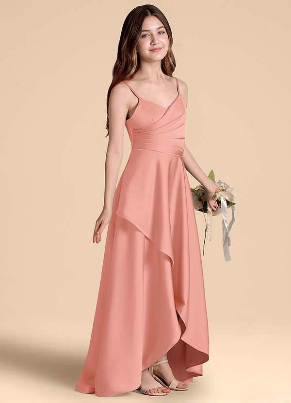 Azazie Prisha Junior Linia A Pofałdowany Satyna elastyczna Długość podłogi Młodsza druhna Sukienka image1