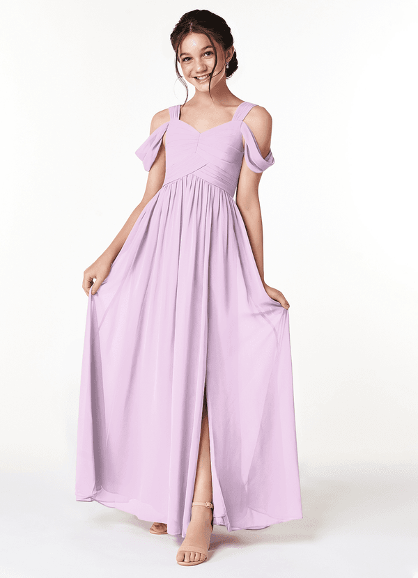 Azazie Lianne Junior Frosted Lilac A-Line Off the Shoulder Chiffon Dress image1