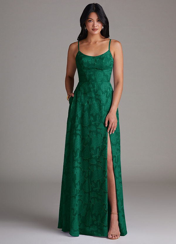 Azazie Moira Bridesmaid Dresses Emerald A-Line Side Slit Floral Burnout Dress image1