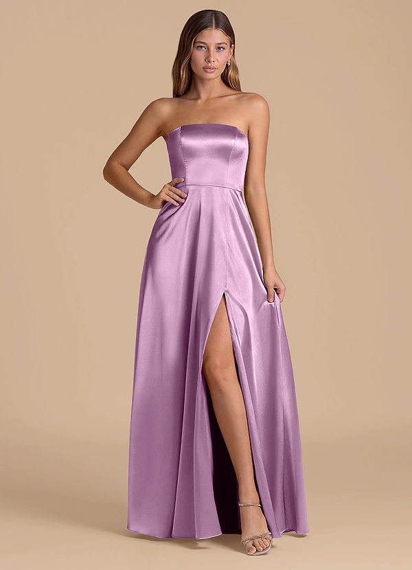 Azazie Wren Bruidsmeisjes Jurken Jurk van Metaalachtig Satijn met A-Lijn Strapless Blauweregen image1