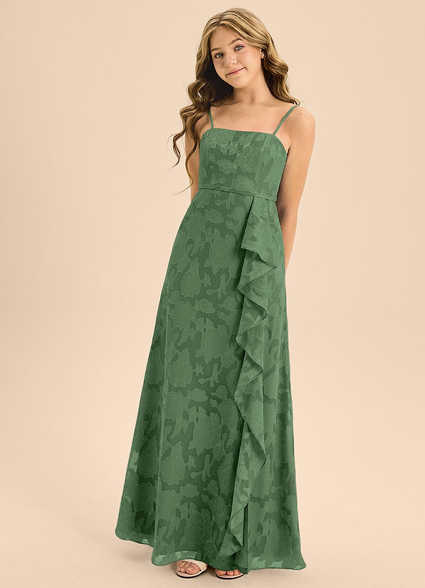Azazie Kaylee Junior Eucalyptus A-Line with Belt Floral Burnout Dress image1