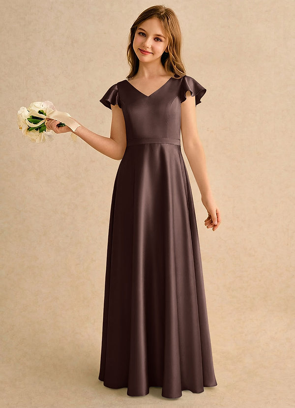 Azazie Nari Girls Formal Sukienki dla dziewczynek sypiących kwiaty Linia A z rękawami Satyna elastyczna Długość podłogi Sukienka image1