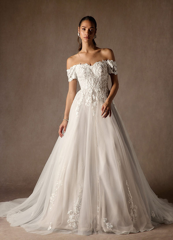 Azazie Rowe Wedding Dresses Diamond White Sand Ball-Gown Off the Shoulder Tulle Dress image1