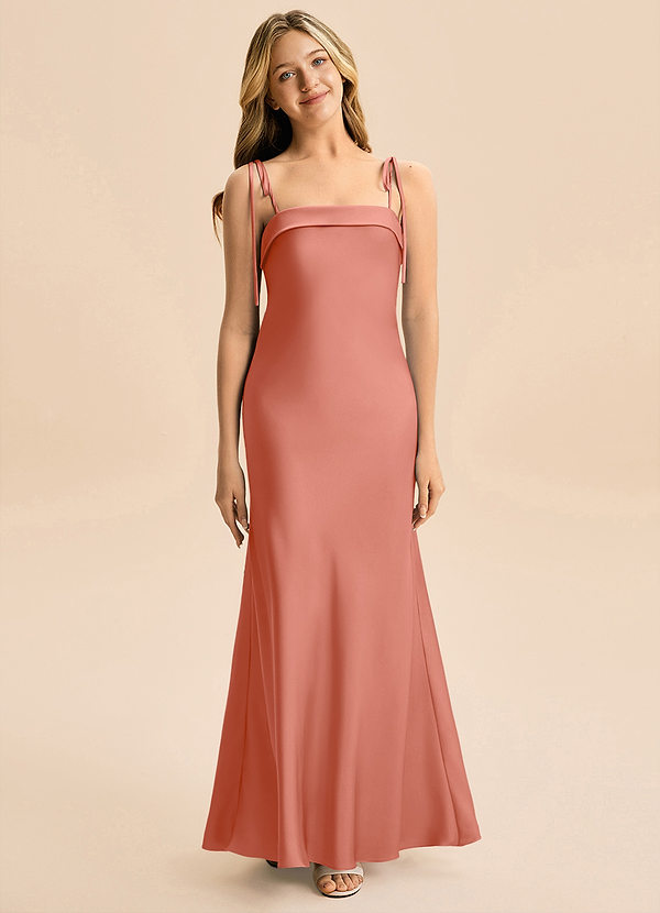 Azazie Willa Junior Vestido Rosa Salmón de Satén Elástico de Corte Sirena con Lazo image1
