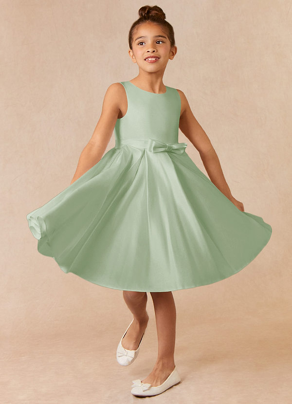 Azazie Coco Flower Girl Dresses Dusty Sage A-Line Bow Matte Satin Dress image1