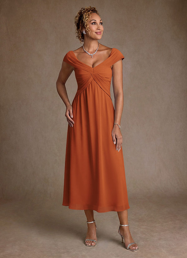 Azazie Mirta Mother of the Brides Dresses Cinnamon A-Line Pleated Floral Burnout Dress image1