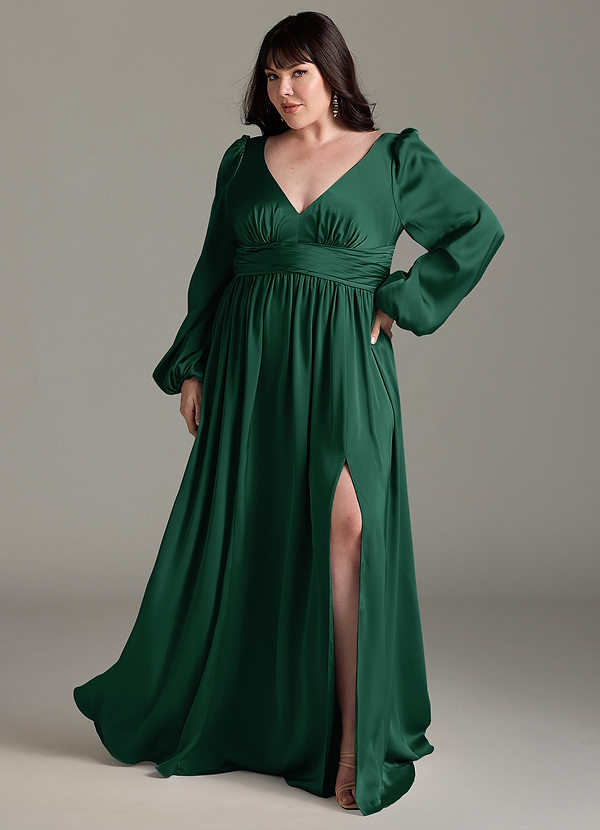 Azazie Norah Robes Demoiselle d'honneur Robe Trapèze en Satin extensible Vert Foncé image1