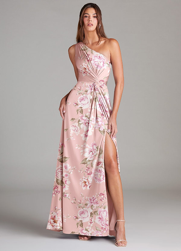 Azazie Brooke Bridesmaid Dresses Rosy Floral Bloom A-Line One Shoulder Stretch Satin Dress image1
