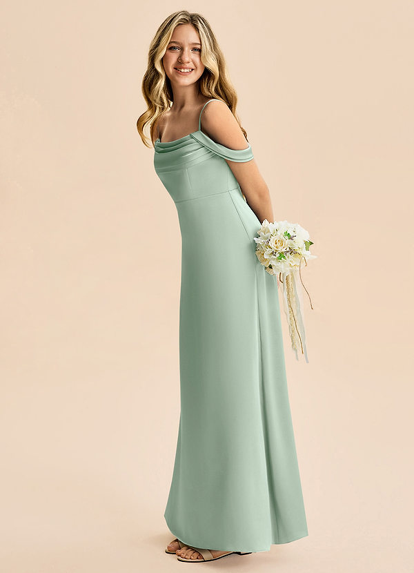 Azazie Lettie Junior A-Linie Schulterfrei Stretch-Satin Kleid Agave image1