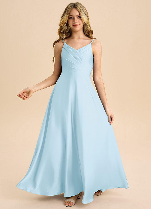 Azazie Bug Junior Sky Blue A-Line Pleated Stretch Satin Dress image1
