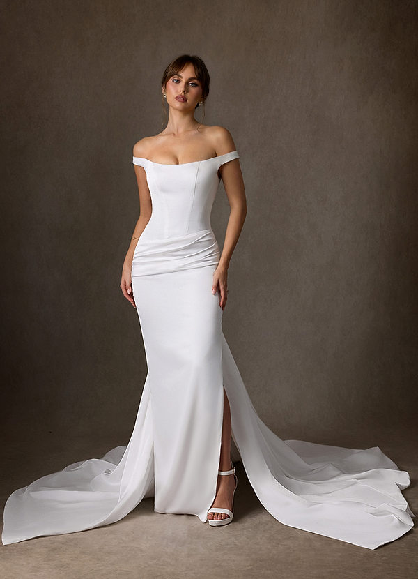 Azazie Marciana Wedding Dresses Diamond White Sheath Off the Shoulder Stretch Satin Dress image1