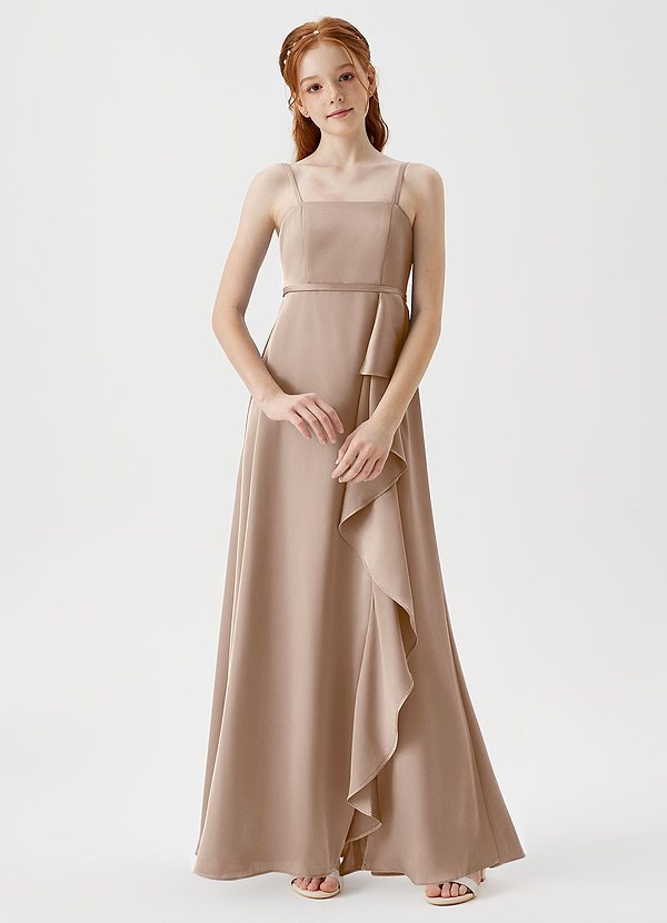 Azazie Kaylee Junior Robe Trapèze en Satin extensible avec ceinture Taupe image1