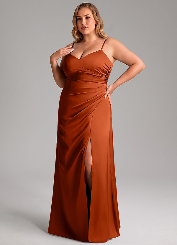Azazie Azuree Bridesmaid Dresses Paprika A-Line Pleated Stretch Satin Dress image1