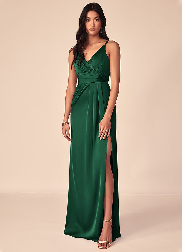 Azazie Aqua Bridesmaid Dresses Dark Green A-Line V-Neck Pleated Stretch Satin Dress image1