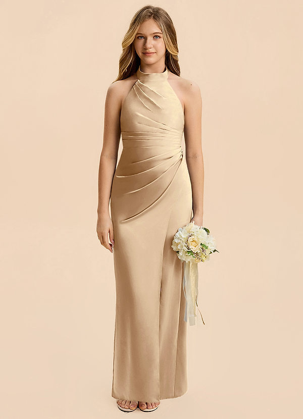 Azazie Jemma Junior Robe Fourreau en Satin extensible Rayé Champagne image1