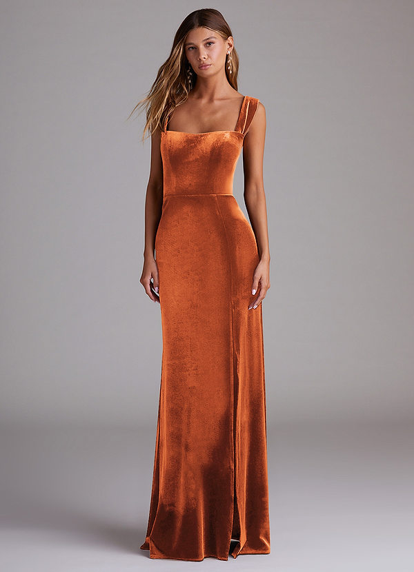 Azazie Junia Bridesmaid Dresses Burnt Orange Sheath Off the Shoulder Velvet Convertible Dress image1