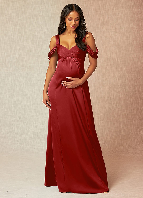 Azazie Rhea Abiti da damigella premaman Abito A-Line Plissettato a Spalla Scoperta Raso Elasticizzato Floor-Length image1