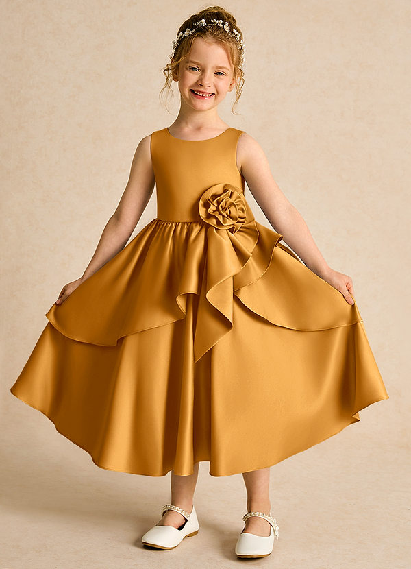 Azazie Hermia Robes de Fillette d'Honneur Robe Trapèze en Mat Satiné Sans manches Caramel écossais image1