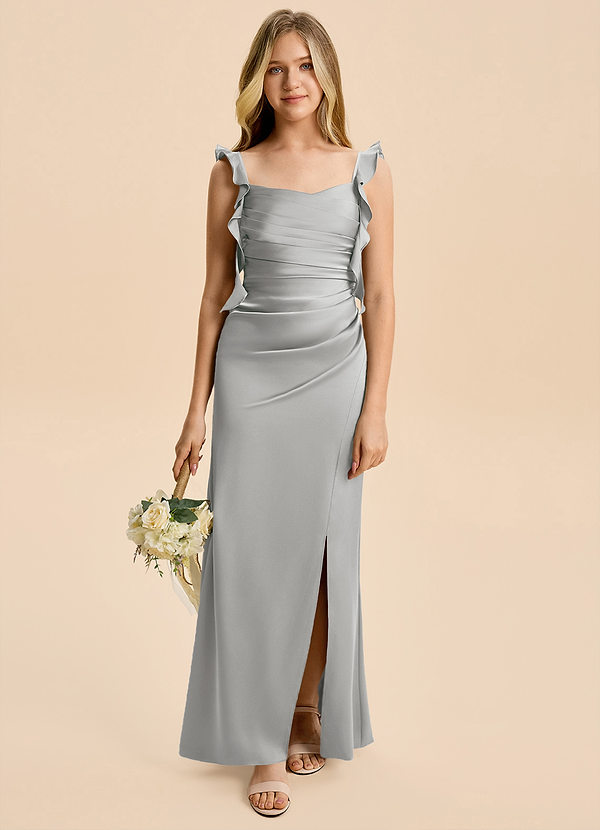 Azazie Jessamine Junior Silver A-Line Ruched Stretch Satin Dress image1