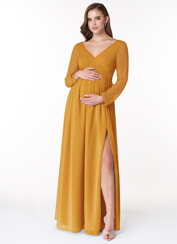 Azazie Teton Robe demoiselle d'honneur enceinte Robe Trapèze Manche longue Longueur ras du sol Mousseline de soie image1