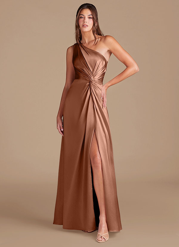 Azazie Brooke Bridesmaid Dresses Bronzer A-Line One Shoulder Metallic Satin Dress image1