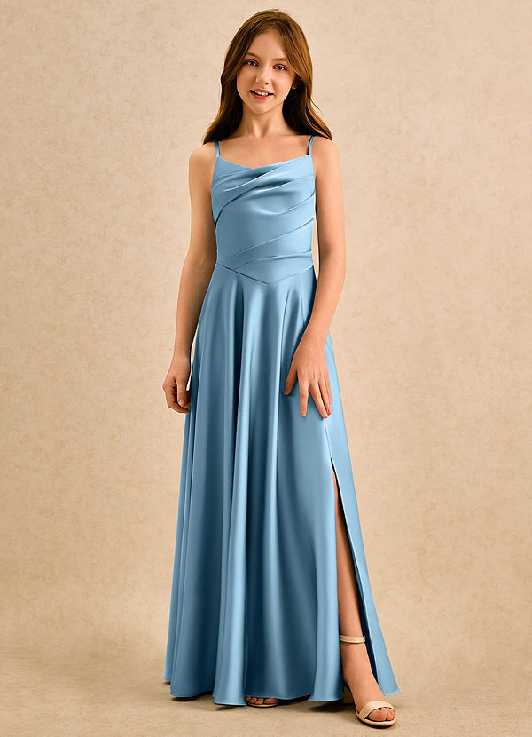 Azazie Coconut Girls Formal Sukienki dla dziewczynek sypiących kwiaty Linia A Pofałdowany Satyna elastyczna Długość podłogi Sukienka image1