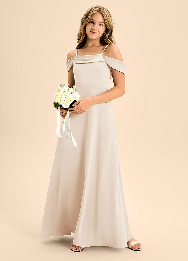 Azazie Anselie Junior White Alabaster A-Line Off the Shoulder Stretch Satin Dress image1