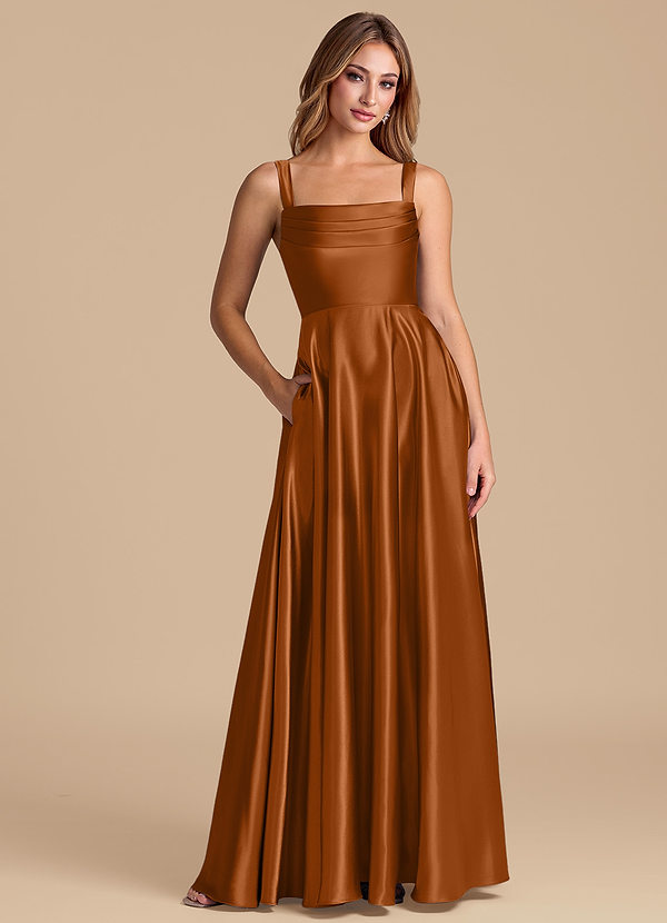 Azazie Shaude Bridesmaid Dresses Copper A-Line Pleated Metallic Satin Dress image1
