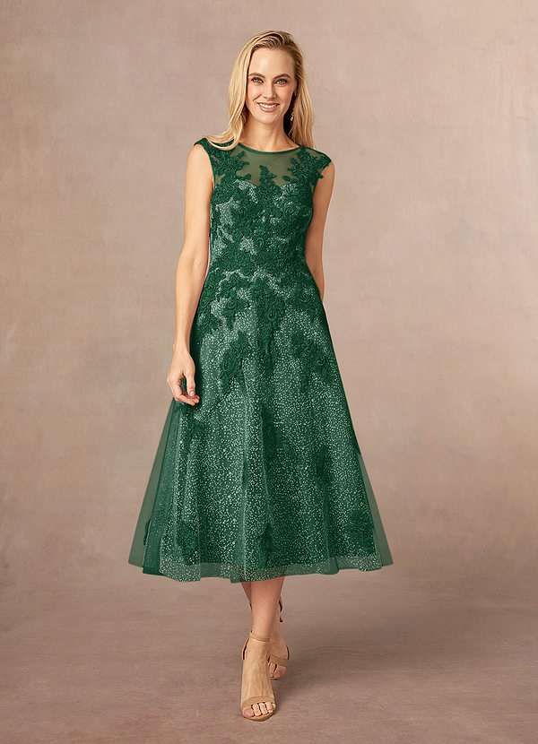 Azazie Flynn Mother of the Brides Dresses Dark Green A-Line Boatneck Lace Tulle Dress image1
