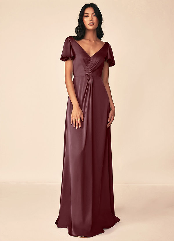 Azazie Soren Bridesmaid Dresses Sangria A-Line Pleated Stretch Satin Dress image1