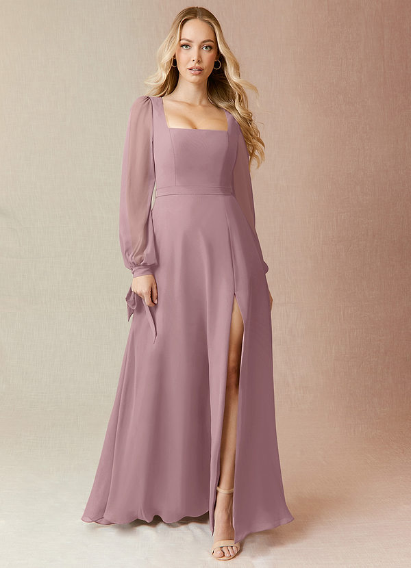 Azazie Leonia Bridesmaid Dresses A-Line Long Sleeve Chiffon Floor-Length Dress image1